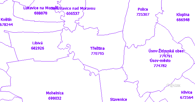 Katastrální mapa Třeština - přehledová mapa katastrálního území