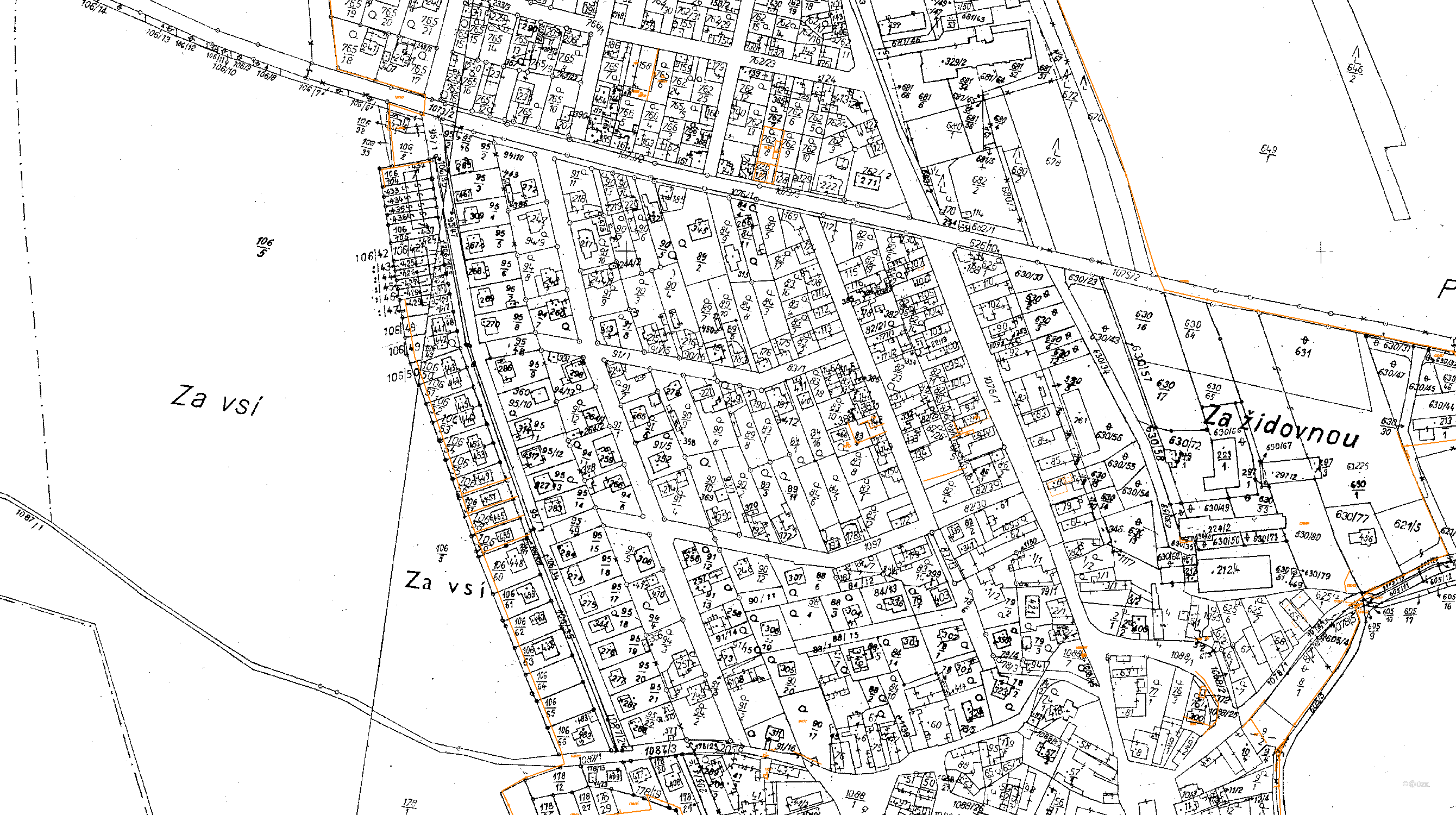 Katastrální mapa pozemků a čísla parcel Tři Dvory