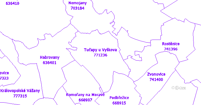 Katastrální mapa Tučapy u Vyškova - přehledová mapa katastrálního území