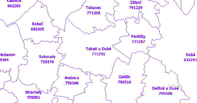 Katastrální mapa Tuhaň u Dubé - přehledová mapa katastrálního území