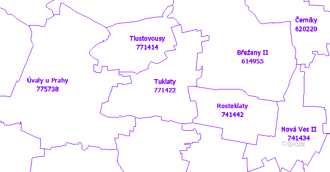 Katastrální mapa Tuklaty - přehledová mapa katastrálního území