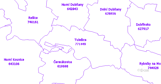Katastrální mapa Tulešice - přehledová mapa katastrálního území