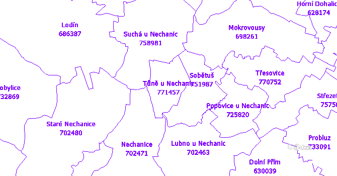 Katastrální mapa Tůně u Nechanic - přehledová mapa katastrálního území