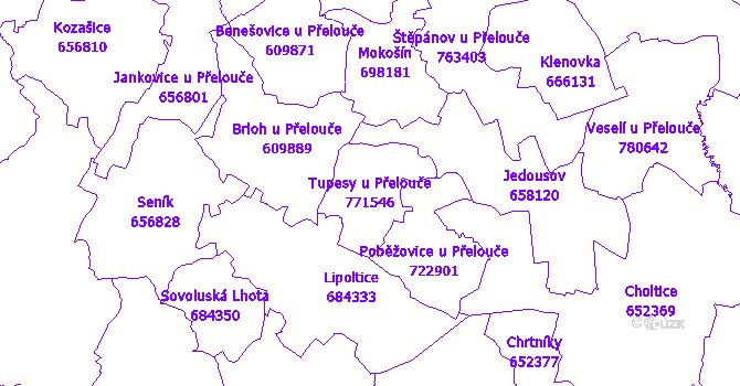 Katastrální mapa Tupesy u Přelouče - přehledová mapa katastrálního území