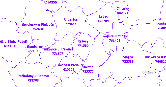 Katastrální mapa Rašovy - přehledová mapa katastrálního území
