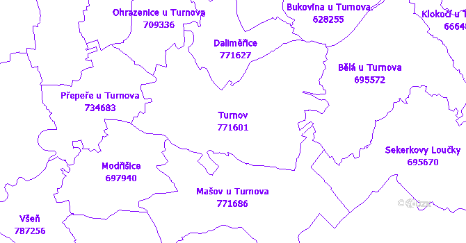 Katastrální mapa Turnov - přehledová mapa katastrálního území