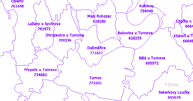 Katastrální mapa Daliměřice - přehledová mapa katastrálního území