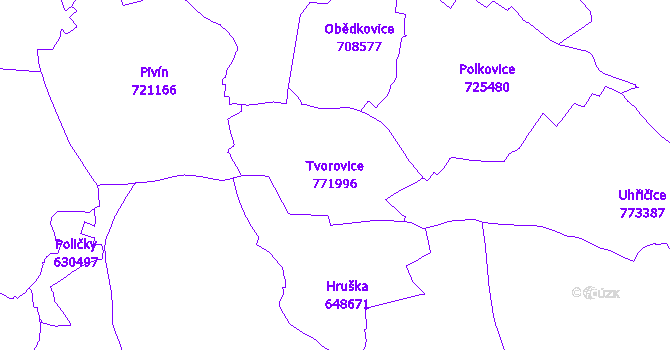 Katastrální mapa Tvorovice - přehledová mapa katastrálního území