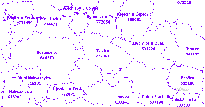 Katastrální mapa Tvrzice - přehledová mapa katastrálního území