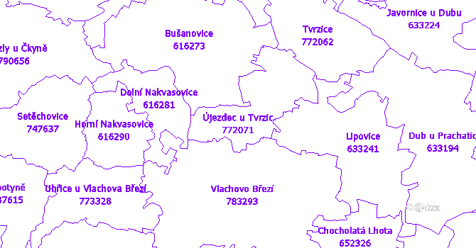 Katastrální mapa Újezdec u Tvrzic - přehledová mapa katastrálního území