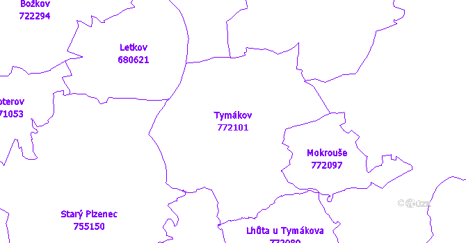 Katastrální mapa Tymákov - přehledová mapa katastrálního území
