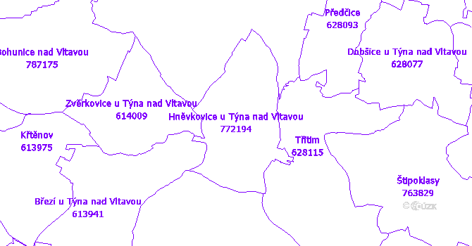Katastrální mapa Hněvkovice u Týna nad Vltavou - přehledová mapa katastrálního území