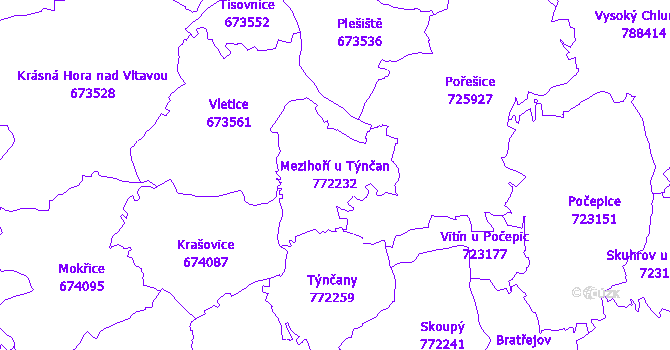 Katastrální mapa Mezihoří u Týnčan - přehledová mapa katastrálního území