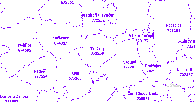 Katastrální mapa Týnčany - přehledová mapa katastrálního území