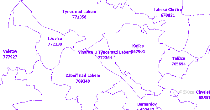 Katastrální mapa Vinařice u Týnce nad Labem - přehledová mapa katastrálního území