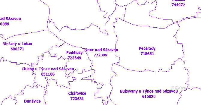 Katastrální mapa Týnec nad Sázavou - přehledová mapa katastrálního území