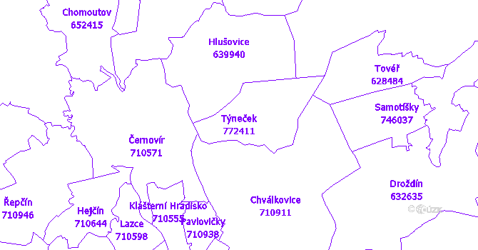 Katastrální mapa Týneček - přehledová mapa katastrálního území