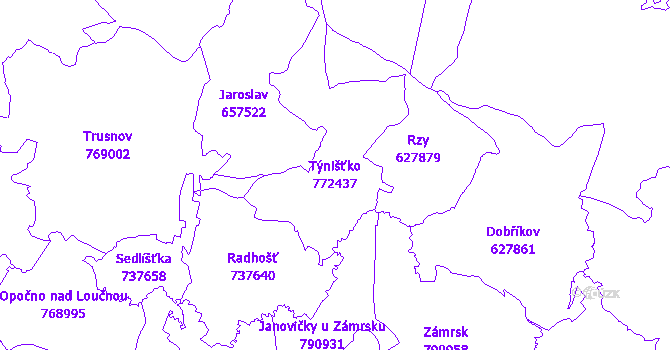 Katastrální mapa Týnišťko - přehledová mapa katastrálního území