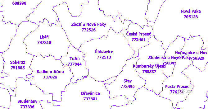 Katastrální mapa Úbislavice - přehledová mapa katastrálního území