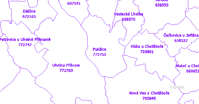 Katastrální mapa Pukšice - přehledová mapa katastrálního území