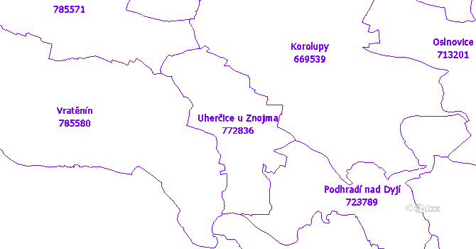 Katastrální mapa Uherčice u Znojma - přehledová mapa katastrálního území