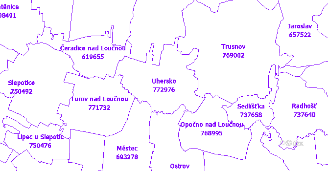 Katastrální mapa Uhersko - přehledová mapa katastrálního území