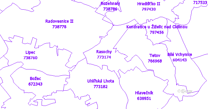 Katastrální mapa Rasochy - přehledová mapa katastrálního území