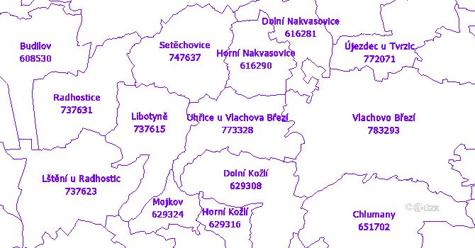 Katastrální mapa Uhřice u Vlachova Březí - přehledová mapa katastrálního území
