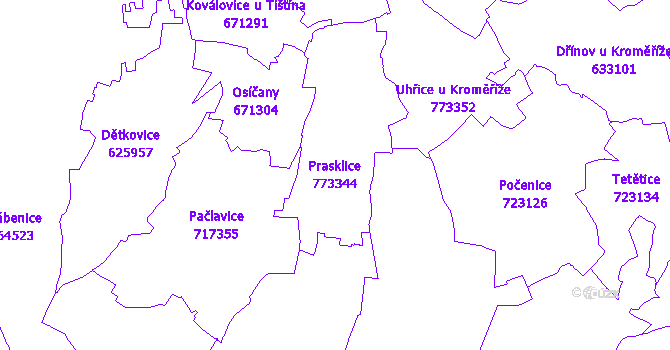 Katastrální mapa Prasklice - přehledová mapa katastrálního území