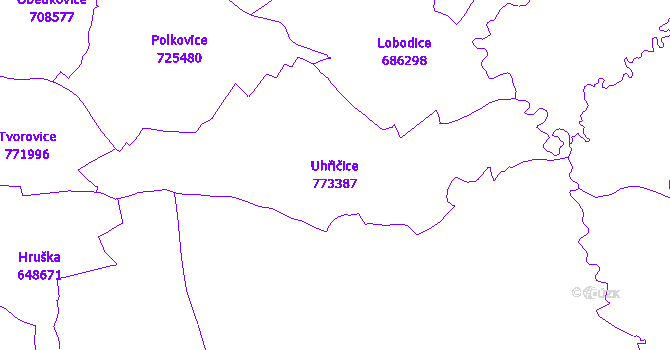 Katastrální mapa Uhřičice - přehledová mapa katastrálního území
