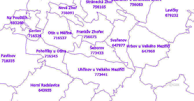 Katastrální mapa Šeborov - přehledová mapa katastrálního území