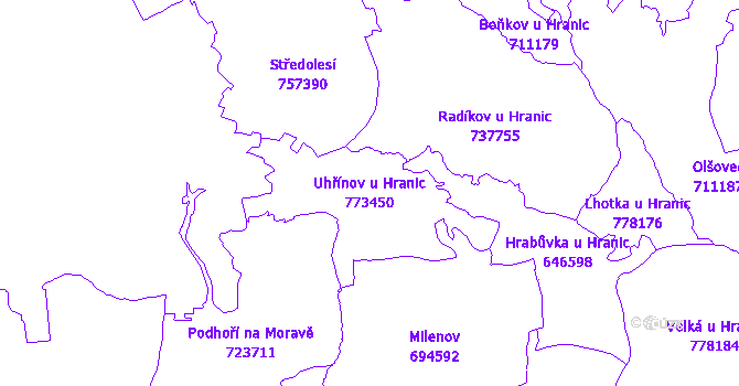 Katastrální mapa Uhřínov u Hranic - přehledová mapa katastrálního území