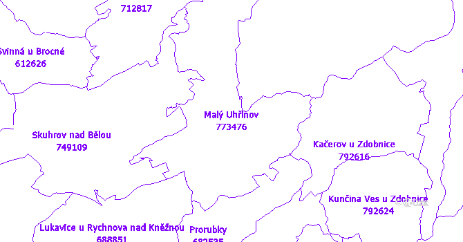 Katastrální mapa Malý Uhřínov - přehledová mapa katastrálního území