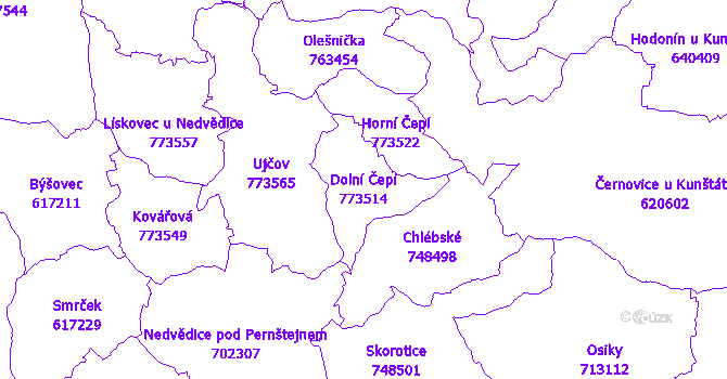 Katastrální mapa Dolní Čepí - přehledová mapa katastrálního území
