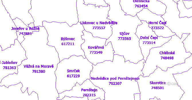 Katastrální mapa Kovářová - přehledová mapa katastrálního území