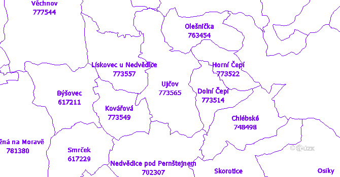 Katastrální mapa Ujčov - přehledová mapa katastrálního území