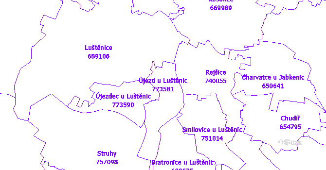 Katastrální mapa Újezd u Luštěnic - přehledová mapa katastrálního území