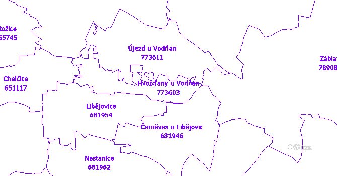 Katastrální mapa Hvožďany u Vodňan - přehledová mapa katastrálního území