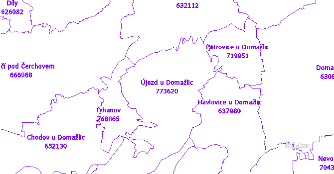 Katastrální mapa Újezd u Domažlic - přehledová mapa katastrálního území