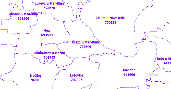 Katastrální mapa Újezd u Manětína - přehledová mapa katastrálního území