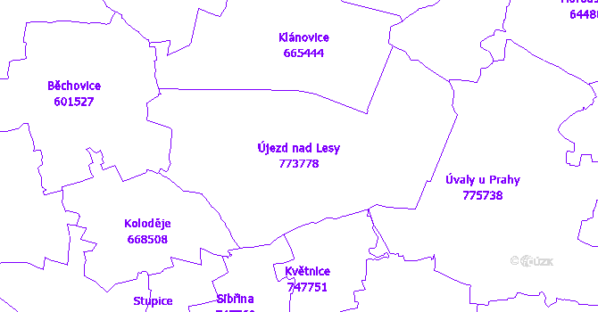 Katastrální mapa Újezd nad Lesy - přehledová mapa katastrálního území