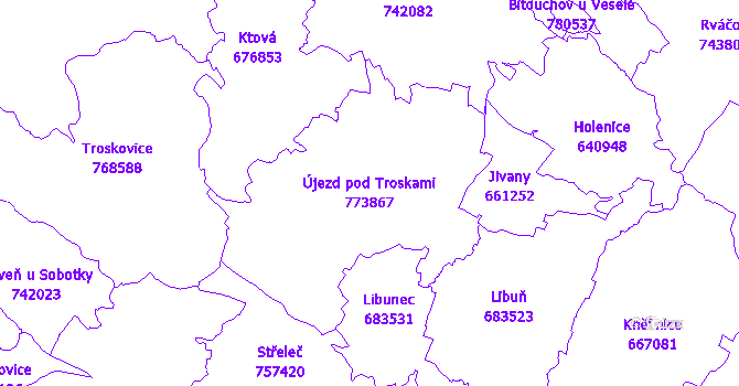 Katastrální mapa Újezd pod Troskami - přehledová mapa katastrálního území