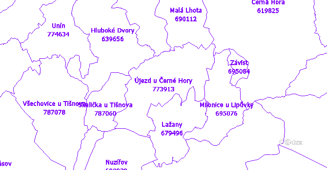 Katastrální mapa Újezd u Černé Hory - přehledová mapa katastrálního území
