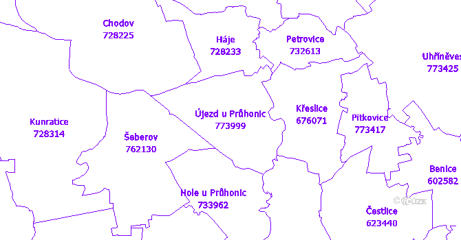 Katastrální mapa Újezd u Průhonic - přehledová mapa katastrálního území