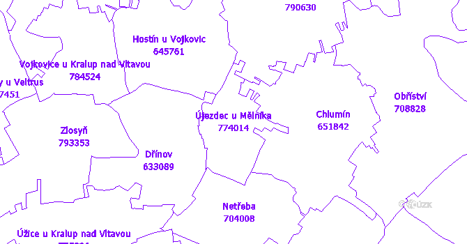 Katastrální mapa Újezdec u Mělníka - přehledová mapa katastrálního území