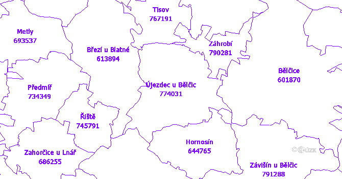Katastrální mapa Újezdec u Bělčic - přehledová mapa katastrálního území