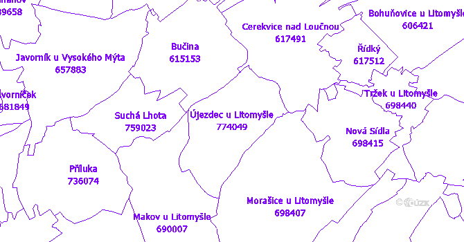 Katastrální mapa Újezdec u Litomyšle - přehledová mapa katastrálního území