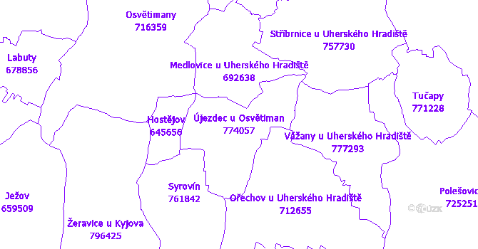 Katastrální mapa Újezdec u Osvětiman - přehledová mapa katastrálního území