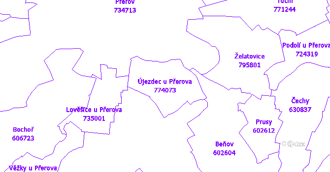Katastrální mapa Újezdec u Přerova - přehledová mapa katastrálního území