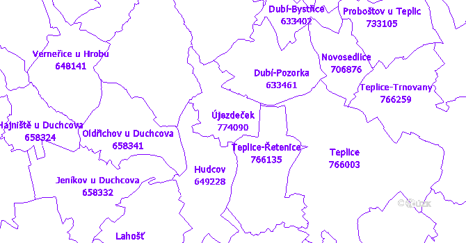 Katastrální mapa Újezdeček - přehledová mapa katastrálního území